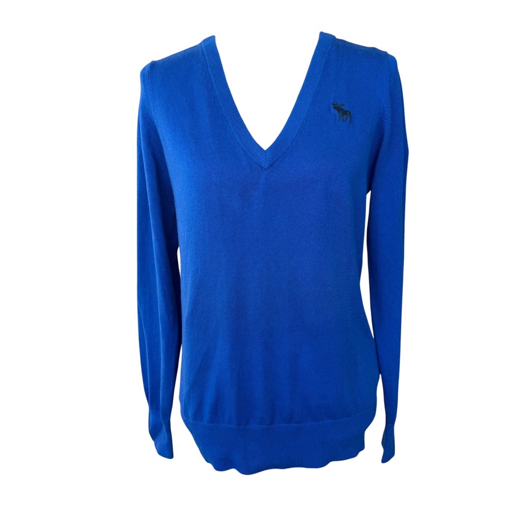 Abercrombie & Fitch Womens Blue V-Neck Long Sleeve Moose Logo Sweater M NWT